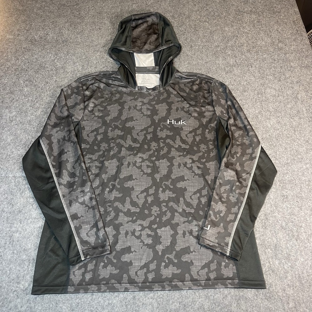 Huk Performance Fishing Hoodie Men Large Gray Camo Long Sleeve Sun Shirt L